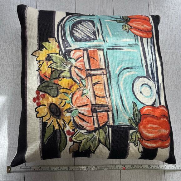 Fall Harvest Truck Pillow Pumpkin Sunflowers Striped - Picture 4 of 4